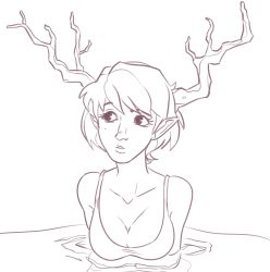 Rule 34 | 1girl, antlers, breasts, collarbone, elf, female focus, highres, horns, large breasts, monochrome, nachonachoz, open mouth, original, partially submerged, pointy ears, ripples, short hair, simple background, sketch, solo, swimsuit, underwater, upper body, water, white background