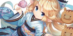 Rule 34 | 1girl, animal, bad id, bad pixiv id, blonde hair, blue bow, blue eyes, blue kimono, blush, boar, bow, braid, charlotta (granblue fantasy), closed mouth, commentary request, dutch angle, granblue fantasy, hair bow, hands up, harvin, holding, japanese clothes, kimono, long hair, long sleeves, looking at viewer, o (rakkasei), obi, pointy ears, sash, simple background, smile, solo, very long hair, white background, wide sleeves