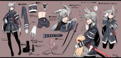 Rule 34 | 2girls, :d, ;p, animal ears, armband, bad id, bad pixiv id, breath, character sheet, ear wiggle, emblem, from behind, gloves, glowing, glowing eyes, hair ornament, hairclip, hand on own face, hand up, heavy breathing, heizen (sigama), katana, letterboxed, long hair, multiple girls, one-eyed, one eye closed, open mouth, original, outstretched hand, panties, panties under pantyhose, pantyhose, headpat, pixiv fantasia, pixiv fantasia 5, platform footwear, purple background, scar, sigama, smile, spurs, striped, sweatdrop, sword, text focus, thought bubble, tongue, tongue out, translation request, underwear, weapon, white hair, wink, wolf ears