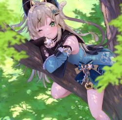 Rule 34 | 1girl, ahoge, animal ears, bare shoulders, blush, brown hair, cat ears, cat tail, choker, detached sleeves, genshin impact, goma aki, green eyes, hair ornament, hairclip, highres, kirara (genshin impact), long hair, looking at viewer, multiple tails, on tree, one eye closed, open mouth, simple background, skirt, smile, solo, tail, two tails