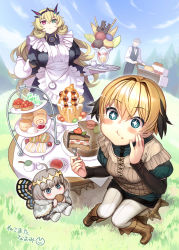 Rule 34 | 2boys, 2girls, ahoge, apron, barghest (fate), blonde hair, blush stickers, boots, breasts, butler, butterfly wings, cake, chibi, cup, eating, fate/grand order, fate (series), food, gareth (fate), green eyes, heterochromia, highres, insect wings, large breasts, long hair, maid, maid apron, multiple boys, multiple girls, nekomata naomi, oberon (fate), parfait, percival (fate), sandwich, sparkling eyes, sweets, table, teacup, tray, wings