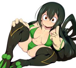 Rule 34 | 1girl, absurdres, asui tsuyu, bikini, black hair, black thighhighs, boku no hero academia, breasts, closed mouth, commentary, english commentary, gloves, green bikini, hair between eyes, highres, index finger raised, large breasts, long hair, looking at viewer, simple background, sitting, slugbox, solo, sweat, swimsuit, thighhighs, white background, white gloves