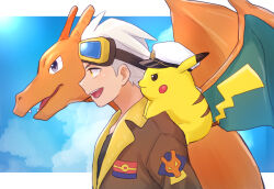 Rule 34 | 1boy, :d, brown jacket, captain pikachu, charizard, clothed pokemon, cloud, commentary request, creatures (company), friede (pokemon), from side, game freak, gen 1 pokemon, goggles, goggles on head, highres, jacket, male focus, mochi (mocchi p 2m), nintendo, open mouth, pikachu, pokemon, pokemon (anime), pokemon (creature), pokemon horizons, shirt, sky, smile, teeth, upper body, upper teeth only, white hair, yellow eyes