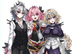 Rule 34 | 1girl, 2boys, armor, astolfo (fate), blonde hair, braid, braided ponytail, breasts, commentary request, cowboy shot, fang, fate/apocrypha, fate (series), grey hair, hair between eyes, haoro, jeanne d&#039;arc (fate), jeanne d&#039;arc (ruler) (fate), large breasts, long hair, long sleeves, looking at viewer, multiple boys, one eye closed, open mouth, pink hair, purple eyes, red eyes, sieg (fate), simple background, skin fang, smile, tongue, trap, v, white background