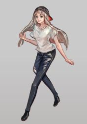 Rule 34 | 1girl, absurdres, arm at side, arm up, backwards hat, black footwear, black hat, black pants, blonde hair, breasts, closed mouth, commentary, denim, english commentary, full body, grey background, hand in own hair, hat, highres, jeans, long hair, looking at viewer, making-of available, medium breasts, original, pants, pink lips, shirt, shoes, short sleeves, simha, simple background, solo, torn clothes, torn jeans, torn pants, white shirt