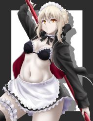 Rule 34 | 1girl, apron, arm up, artoria pendragon (all), artoria pendragon (alter swimsuit rider) (second ascension) (fate), artoria pendragon (fate), bikini, bikini top only, black bikini, black border, black jacket, black legwear, black ribbon, black skirt, blonde hair, border, breasts, bridal garter, choker, closed mouth, commentary, contrapposto, cowboy shot, denpa (denpae29), fate/grand order, fate (series), frilled apron, frilled bikini, frilled skirt, frills, from below, hair between eyes, highres, holding, holding staff, hood, hooded jacket, jacket, looking at viewer, maid headdress, navel, neck ribbon, open clothes, open jacket, orange eyes, outside border, pale skin, ribbon, saber alter, serious, shadow, short hair, sidelocks, skirt, small breasts, solo, staff, standing, stomach, swimsuit, thick thighs, thigh strap, thighs, white choker