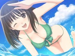 Rule 34 | 00s, 1girl, bikini, black eyes, black hair, breasts, cleavage, cloud, cropped, day, covered erect nipples, fault!!, large breasts, long hair, one eye closed, open mouth, saeki ai, salute, smile, solo, swimsuit, tony taka, water, wink