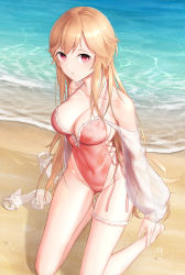 Rule 34 | 1girl, azur lane, beach, blonde hair, breasts, casual one-piece swimsuit, cleavage, commentary request, covered navel, frilled swimsuit, frills, high heels, highleg, highleg swimsuit, highres, kep (ahokep), kneeling, long hair, looking at viewer, medium breasts, ocean, one-piece swimsuit, outdoors, pink one-piece swimsuit, red eyes, richelieu (azur lane), richelieu (fleuron of the waves) (azur lane), sandals, shoes, unworn shoes, side-tie swimsuit, signature, solo, swimsuit, thigh strap, water, white footwear