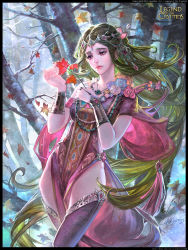 Rule 34 | 1girl, artist name, bracelet, copyright name, flower, green hair, highres, jewelry, leaf, legend of the cryptids, long hair, maple leaf, necklace, official art, red eyes, sparkle, thighhighs, tiara, tree, very long hair, yu-han chen