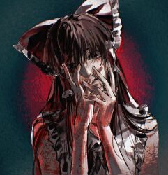 Rule 34 | 1girl, aihara-rina, black hair, blood, blood on hands, dark, frilled ribbon, frills, hair strand, hair tubes, hakurei reimu, hands on own face, head tilt, highres, japanese clothes, long hair, looking at viewer, miko, realistic, ribbon, sidelocks, sleeveless, solo, touhou, yandere