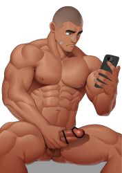 Rule 34 | 1boy, abs, bar censor, bara, buzz cut, censored, dark-skinned male, dark skin, erection, highres, holding, holding phone, kansuke (kansuke 717), large pectorals, male focus, male masturbation, masturbation, muscular, muscular male, navel, nipples, original, pectorals, penis, phone, shaved body, short hair, sitting, solo, stomach, testicles, thick eyebrows, thick thighs, thighs, very short hair