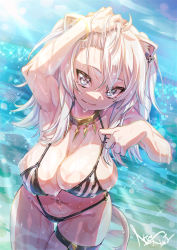 Rule 34 | 1girl, animal ears, bangle, beach, bikini, bracelet, breast lift, breasts, cleavage, closed mouth, dutch angle, earrings, forehead, hair lift, hand on own head, highres, hololive, jewelry, large breasts, leaning forward, lion ears, lion girl, lion tail, long bangs, looking at viewer, navel, necklace, nisui noki, o-ring, o-ring bikini, ocean, shishiro botan, sky, smile, solo, strap pull, string bikini, sunlight, swimsuit, tail, thigh gap, thigh strap, tsurime, unaligned breasts, virtual youtuber, wading, wet