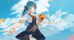 Rule 34 | 1girl, aqua hair, blue dress, blue eyes, blue ribbon, blue sky, bouquet, bow, bowtie, chinese commentary, cloud, cloudy sky, commentary request, cowboy shot, dress, flower, flower bracelet, grin, hair ornament, hairclip, hanamoto410, hatsune miku, highres, holding, holding flower, holding ribbon, long hair, looking at viewer, petals, pinafore dress, red bow, red bowtie, ribbon, shirt, short sleeves, sky, sleeveless, sleeveless dress, smile, solo, thighhighs, twintails, vocaloid, white shirt, white thighhighs, yellow ribbon