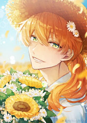 Rule 34 | 1boy, alternate costume, artist name, blurry, blurry background, bouquet, collared shirt, colored eyelashes, daisy, day, fate/grand order, fate (series), flower, green eyes, grin, hair between eyes, hair flower, hair ornament, hat, highres, holding, holding bouquet, light particles, long hair, looking at viewer, male focus, nekohanemocha, orange hair, outdoors, portrait, romani archaman, shirt, smile, solo, straw hat, sun hat, sunflower, twitter username, white flower, white shirt, yellow flower