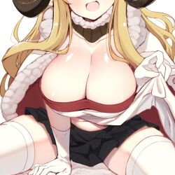 Rule 34 | 1girl, :d, anila (granblue fantasy), black skirt, blonde hair, breasts, cape, cleavage, close-up, clothes lift, collarbone, commentary, detached collar, draph, fur-trimmed cape, fur trim, gloves, granblue fantasy, head out of frame, horns, large breasts, lifting own clothes, long hair, ma ma gobu, miniskirt, open mouth, pelvic curtain, pelvic curtain lift, pleated skirt, simple background, sitting, skirt, smile, solo, stomach, thighhighs, white background, white gloves, white thighhighs, zettai ryouiki