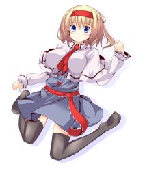 Rule 34 | 1girl, alice margatroid, black thighhighs, blonde hair, blue eyes, blush, breasts, capelet, fal maro, female focus, hairband, highres, large breasts, short hair, sitting, solo, thighhighs, touhou, wariza