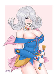 Rule 34 | 1girl, afimaki, blue dress, blush, braces, breasts, cleavage, collar, collarbone, danganronpa (series), danganronpa 3 (anime), dark magician girl, dress, eyebrows hidden by hair, female focus, fingerless gloves, gloves, grey hair, highres, holding, holding wand, holding weapon, kimura seiko, large breasts, long hair, looking at viewer, lower teeth only, multicolored clothes, open mouth, pentagram, purple eyes, simple background, standing, tan background, teeth, tongue, upper body, upper teeth only, wand, weapon, white background, yu-gi-oh!