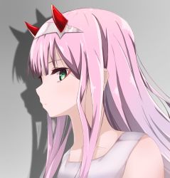 Rule 34 | 10s, 1girl, aqua eyes, closed mouth, darling in the franxx, hairband, horns, long hair, looking at viewer, pink hair, shadow, sleeveless, solo, straight hair, takuro (taku3949), white hairband, zero two (darling in the franxx)