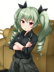 Rule 34 | 10s, 1girl, anchovy (girls und panzer), black shirt, blush, carro veloce cv-33, clothes around waist, crossed arms, dress shirt, drill hair, girls und panzer, green hair, grey jacket, grey pants, highres, jacket, jacket around waist, long hair, long sleeves, looking at viewer, military, military uniform, military vehicle, motor vehicle, open collar, pants, parted lips, red eyes, sana (sauber0531), shirasawa kazane, shirt, sleeves rolled up, solo, standing, tank, twin drills, twintails, uniform, upper body