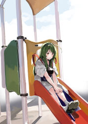 Rule 34 | 1girl, :o, black footwear, blue sky, brown eyes, cloud, cloudy sky, commentary request, day, green hair, green hairband, hairband, highres, japanese clothes, kimono, lamb (hitsujiniku), long hair, muneate, outdoors, parted lips, sandals, shoe soles, sitting, sky, slide, socks, solo, touhoku zunko, very long hair, voiceroid, white kimono, white socks, zouri