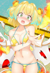 Rule 34 | 1girl, @ @, absurdres, bare shoulders, bikini, blonde hair, blue hair, blush, bombergirl, breasts, cleavage, collarbone, fangs, green eyes, hair intakes, highres, large breasts, looking at viewer, multicolored hair, navel, open mouth, pine (bombergirl), short hair, short twintails, side-tie bikini bottom, solo, swimsuit, torn clothes, twin-7646, twintails, two-tone hair, yellow bikini