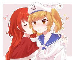 Rule 34 | 2girls, anchor symbol, blonde hair, blush, braid, capelet, closed mouth, commentary request, embarrassed, hat, heart, highres, kiss, kitashirakawa chiyuri, long hair, milll 77, multiple girls, okazaki yumemi, red capelet, red hair, sailor, sailor collar, sailor hat, sailor shirt, shirt, short sleeves, touhou, touhou (pc-98), twintails, two side up, white shirt, yellow eyes