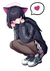 Rule 34 | 1girl, absurdres, animal ears, black hair, black jacket, black pantyhose, blue archive, blush, cat ears, colored inner hair, extra ears, halo, heart, highres, hood, hooded jacket, jacket, kazusa (blue archive), looking at viewer, metaljelly, multicolored hair, pantyhose, pink hair, pleated skirt, red eyes, school uniform, shoes, simple background, skirt, smile, sneakers, solo, spoken heart, squatting, two-tone hair, white background