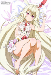 Rule 34 | 10s, 1girl, absurdres, ass, bare legs, barefoot, bed sheet, black eyes, blonde hair, blush, body blush, breasts, character request, choko (last period), creature, dress, expressionless, gloves, hair between eyes, highres, knees together feet apart, kuudere, last period, lavender bed sheet, long hair, looking at viewer, lying, magazine scan, medium breasts, megami magazine, official art, parted lips, pillow, pink eyes, sakamoto tetsuya, scan, sleeveless, sleeveless dress, tail, very long hair, white dress, white gloves