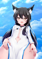 Rule 34 | 1girl, :d, animal ear fluff, animal ears, black hair, blue sky, blush, breasts, brown eyes, center opening, china dress, chinese clothes, chrisandita, cloud, cloudy sky, commentary, covered erect nipples, day, dress, fang, fox ears, fox hair ornament, from below, groin, hair between eyes, long sleeves, looking at viewer, looking down, navel, open mouth, original, outdoors, sky, small breasts, smile, solo, white dress