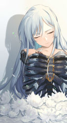 Rule 34 | 1girl, absurdres, ak-12 (girls&#039; frontline), android, chinese commentary, closed eyes, closed mouth, collarbone, commentary request, cy9, flower, girls&#039; frontline, gradient background, head tilt, highres, long hair, mechanical parts, missing limb, silver hair, simple background, skeleton, solo, upper body, white flower