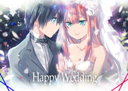 Rule 34 | 10s, 1boy, 1girl, alternate universe, bare shoulders, black hair, black neckwear, blue eyes, blue horns, blush, bow, bowtie, breasts, bridal veil, cleavage, collarbone, collared shirt, commentary, commentary request, couple, darling in the franxx, dress, english commentary, english text, flower, formal, futami (futamito), green eyes, grey suit, hair flower, hair ornament, hand up, hetero, hiro (darling in the franxx), horns, jewelry, long hair, long sleeves, looking at another, medium breasts, oni horns, pink hair, red horns, ring, shirt, short hair, suit, veil, wedding dress, wedding ring, white dress, white shirt, wing collar, zero two (darling in the franxx)
