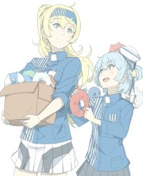 Rule 34 | 2girls, :d, alternate costume, alternate hairstyle, blonde hair, blue eyes, blue hair, blue hairband, blue shirt, dixie cup hat, double bun, employee uniform, enemy lifebuoy (kancolle), gambier bay (kancolle), grey shirt, grey skirt, hair bun, hairband, hat, kantai collection, lawson, long hair, looking at another, military hat, multiple girls, name tag, ninimo nimo, open mouth, pleated skirt, ponytail, samuel b. roberts (kancolle), shirt, short hair, simple background, skirt, smile, striped clothes, striped shirt, uniform, white background, white hat, yellow eyes