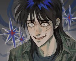 Rule 34 | 1boy, black hair, black shirt, commentary request, constricted pupils, crying, crying with eyes open, facial scar, false smile, green shirt, highres, itou kaiji, kaiji, korean commentary, long hair, male focus, open mouth, panespaghetti, plaid, plaid shirt, scar, scar on cheek, scar on face, shirt, smile, solo, tears, teeth, undershirt, upper body, upper teeth only, white eyes