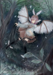 Rule 34 | 1girl, animal ears, bad id, bad pixiv id, black thighhighs, claws, dark, dress, dutch angle, emon (glossy black), feathers, female focus, fingernails, forest, full body, leaf, long fingernails, mary janes, mystia lorelei, nature, night, one eye closed, outstretched hand, pink hair, red eyes, shoes, short dress, short hair, solo, thighhighs, touhou, wide sleeves, winged footwear, wings, wink, zettai ryouiki