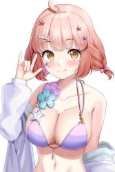 Rule 34 | 1girl, ahoge, bare shoulders, bikini, breasts, chieru (princess connect!), chieru (winter) (princess connect!), cleavage, commentary request, flower, hair ornament, hair tie, halterneck, highres, large breasts, navel, partial commentary, pink hair, princess connect!, purple bikini, px-tea, short hair, solo, star (symbol), star hair ornament, star in eye, swimsuit, symbol in eye, upper body, yellow eyes