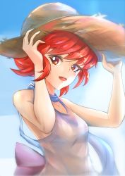 Rule 34 | 1girl, :d, back bow, bow, collarbone, deekei, dress, fire emblem, fire emblem fates, hat, highres, hinoka (fire emblem), looking at viewer, nintendo, open mouth, purple bow, red eyes, red hair, see-through, short hair, sleeveless, sleeveless dress, smile, solo, straw hat, sun hat, sundress, upper body, white dress