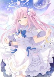 Rule 34 | 1girl, angel wings, blue archive, blush, breasts, capelet, cleavage, closed mouth, crescent, crescent pin, dress, feathered wings, flower, frilled dress, frills, hair bun, hair flower, hair ornament, halo, hoshino koucha, long hair, looking at viewer, medium breasts, mika (blue archive), pink hair, pink halo, purple flower, single side bun, smile, solo, white capelet, white dress, white wings, wing decorations, wings, yellow eyes