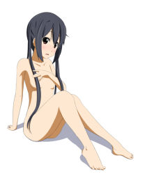 Rule 34 | 00s, 1girl, arm support, barefoot, black hair, blush, breasts, convenient censoring, feet, full body, hair censor, hair down, hair over breasts, igashiko, k-on!, long hair, looking at viewer, nakano azusa, nude, open mouth, red eyes, shadow, simple background, sitting, small breasts, solo, white background