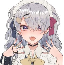 Rule 34 | 1girl, :d, apron, black choker, bow, bowtie, choker, collared shirt, ear piercing, earrings, fangs, fingernails, grey bow, grey hair, hair bow, hair ornament, hair over one eye, hairclip, hands up, ikeuchi tanuma, jewelry, looking at viewer, maid, maid apron, maid headdress, multicolored nails, nail art, nail polish, open mouth, original, piercing, purple eyes, red bow, red nails, ring, shirt, simple background, smile, solo, striped, striped bow, twintails, upper body, white apron, white background, wing collar, wrist cuffs, yellow bow, yellow bowtie
