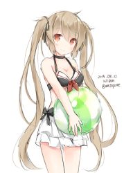 Rule 34 | 10s, 1girl, 2015, adapted costume, artist name, ball, beachball, blonde hair, blush, breasts, brown hair, cleavage, da (room), dated, kantai collection, long hair, looking at viewer, murasame (kancolle), red eyes, simple background, skirt, smile, solo, standing, swimsuit, twintails, very long hair, wataame27, white background