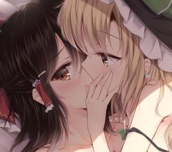 Rule 34 | 2girls, blonde hair, blush, bow, brown eyes, brown hair, close-up, covering own mouth, earrings, hair bow, hair ribbon, hair tubes, hakurei reimu, hand on another&#039;s cheek, hand on another&#039;s face, hat, implied kiss, jewelry, kirisame marisa, large bow, long hair, multiple girls, nude, ribbon, touhou, toyosaki shu, witch hat, yellow eyes, yuri