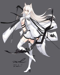Rule 34 | 1girl, animal ears, arknights, arrow (projectile), boots, bow (weapon), breasts, dated, floating hair, from side, full body, grey background, high heel boots, high heels, highres, holding, holding arrow, holding bow (weapon), holding weapon, large breasts, leg up, long hair, long sleeves, looking at viewer, no bra, platinum (arknights), shirt, short shorts, shorts, sideboob, signature, simple background, solo, standing, standing on one leg, thigh boots, thighhighs, twitter username, unel, weapon, white hair, white shirt, white shorts, yellow eyes