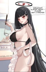 Rule 34 | 1girl, amai-pai, apron, ass, black bra, black choker, black hair, black panties, blue archive, bra, breasts, choker, cooking, english text, frilled apron, frills, from side, halo, highres, holding, holding ladle, lace, lace-trimmed bra, lace trim, ladle, large breasts, long hair, looking at viewer, nearly naked apron, panties, red eyes, rio (blue archive), solo, speech bubble, stove, underwear, very long hair
