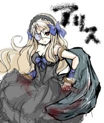 Rule 34 | 1girl, alice (princess of princess), arisu, blonde hair, bow, character name, eyepatch, goth fashion, gothic lolita, lolita fashion, looking at viewer, princess of princess, red eyes, simple background, sketch, solo, white background