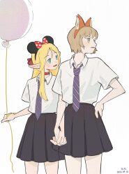 Rule 34 | 2girls, absurdres, animal ears, balloon, black hairband, black skirt, blonde hair, bow, brown eyes, brown hair, chinese commentary, choker, collared shirt, commentary request, contemporary, dated, dungeon meshi, fake animal ears, falin touden, falin touden (tallman), fox ears, green eyes, hair bow, hairband, hand on own hip, highres, holding, holding balloon, holding hands, interlocked fingers, long hair, marcille donato, minnie mouse ears, mouse ears, multiple girls, necktie, nicole (nicoleyangwenyi), pleated skirt, pointy ears, polka dot, polka dot bow, purple necktie, red choker, school uniform, shirt, short hair, simple background, skirt, striped necktie, very long hair, white background, white shirt, yuri