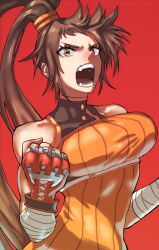 Rule 34 | 1girl, angry, bare shoulders, breasts, brown hair, dnf duel, dungeon and fighter, fighter (dungeon and fighter), fukamichi ran&#039;ou, highres, large breasts, long hair, ponytail, sleeveless, striker (dungeon and fighter), teeth