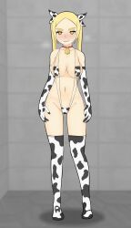 Rule 34 | 1girl, animal, animal ears, animal print, bare shoulders, bell, bikini, blonde hair, blush, breasts, choker, cleavage, closed mouth, collar, collarbone, cow girl, cow print, cow print bikini, cowbell, elbow gloves, fake animal ears, full body, gloves, highres, large breasts, long hair, looking at viewer, mari gold, micro bikini, mole, mole under eye, navel, neck bell, orange eyes, original, print bikini, rong rong, solo, standing, swimsuit, thick eyebrows, thighhighs, twintails