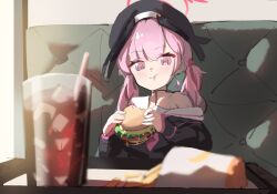 Rule 34 | 1girl, :t, black hat, black wings, blue archive, blush, burger, commentary, cup, dan nako, drinking straw, eating, food, french fries, halo, hat, head wings, holding, holding food, koharu (blue archive), long hair, long sleeves, off shoulder, pink eyes, pink hair, sailor collar, school uniform, serafuku, sitting, soda, solo, upper body, white sailor collar, wings