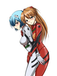 Rule 34 | 2girls, ahoge, angry, armpits, ass, assertive female, ayanami rei, blue eyes, blue hair, blush, bodysuit, breasts, closed mouth, embarrassed, female focus, from side, gainax, hand on another&#039;s thigh, headgear, high collar, hug, hug from behind, jealous, legs, legs together, light blue hair, long hair, looking at another, looking at viewer, medium breasts, multiple girls, neck, neon genesis evangelion, orange hair, pale skin, parted lips, plugsuit, profile, red bodysuit, red eyes, red headwear, shiny clothes, shiny skin, short hair, sidelocks, simple background, skin tight, small breasts, souryuu asuka langley, standing, thighs, thighs together, tsundere, turning head, white background, white bodysuit, white headwear, yuri