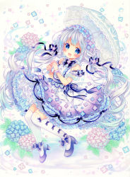 Rule 34 | 1girl, :d, bare shoulders, blue bow, blue eyes, blue flower, blue ribbon, blush, bow, commentary request, detached sleeves, flower, grey background, hair flower, hair ornament, hair ribbon, hands up, high heels, holding, holding umbrella, hydrangea, long hair, looking at viewer, low twintails, open mouth, original, over-kneehighs, pink flower, puffy short sleeves, puffy sleeves, purple footwear, purple skirt, puu (kari---ume), ribbon, shirt, shoes, short sleeves, silver hair, skirt, sleeveless, sleeveless shirt, smile, solo, sparkle, thighhighs, traditional media, twintails, umbrella, very long hair, white shirt, white sleeves, white thighhighs, white umbrella, wrist cuffs